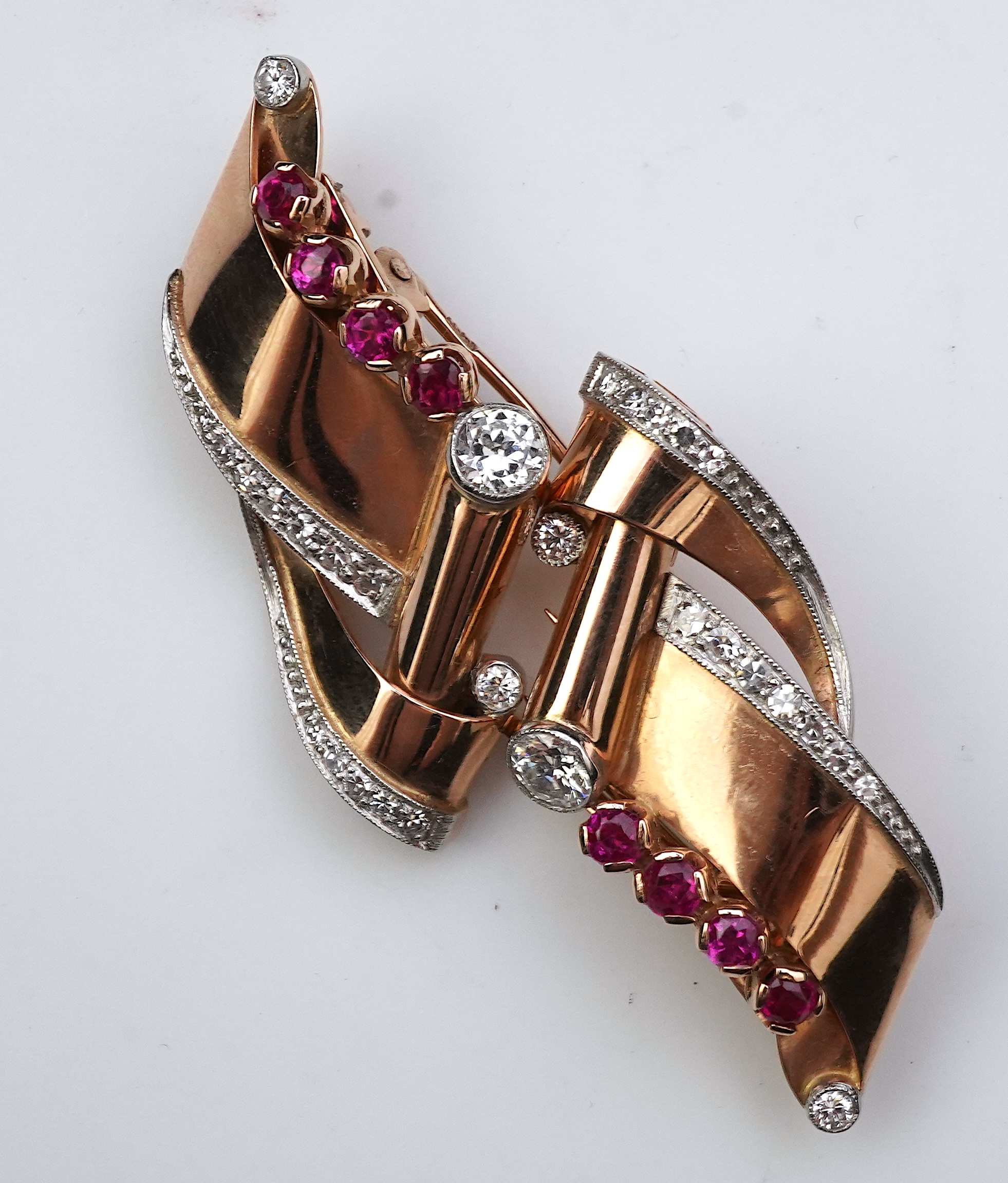 A Retro gold, synthetic ruby and diamond double clip brooch, circa 1940